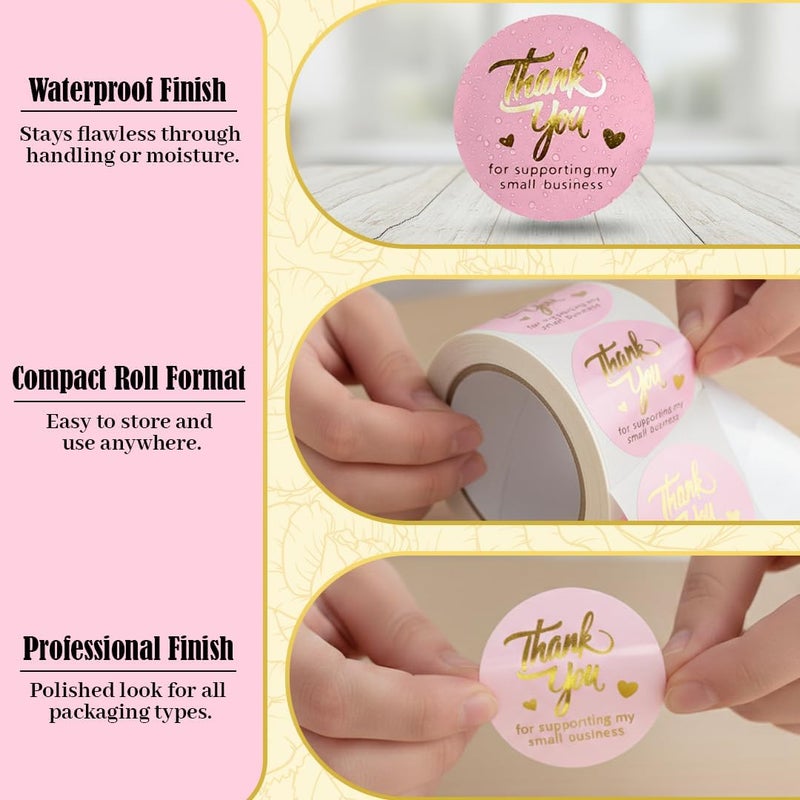 IBAKE Pink Thank You Stickers Gold Foil – 500 Waterproof 1.5” Round Labels for Small Business Packaging, Custom Thank You Labels for Envelopes, Gift Bags, Boxes, Cards & Orders - Image 5
